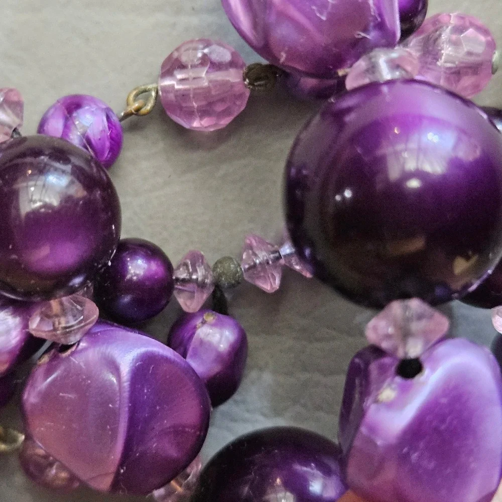 Vintage Purple Bead Double Strand Necklace and Clip On Earring Set Mid Century